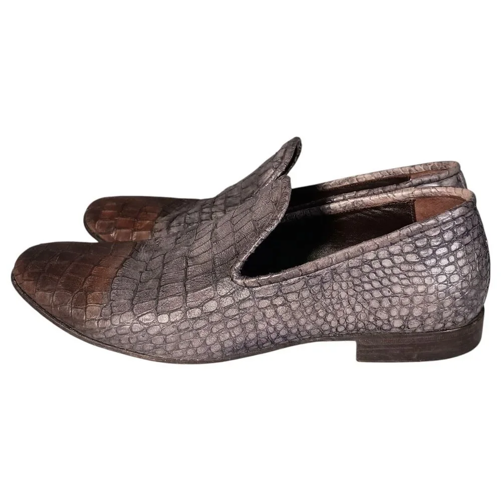Jo Ghost Mens Shoe Slip on Loafer Grey Brown Croc 45/US 12 Leather Made In Italy